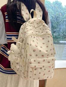 Fashionable Girl's Strawberry Print Backpack, Multi-Compartment And Pockets, Thick And Durable, Student Backpack, Multi-Functional Backpack, Leisure Backpack Travel Essential Large Capacity Backpack With Small Bear Pendant. - Multicolor - View 3