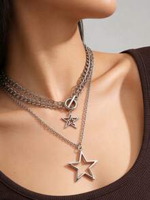 3pcs/Set Vintage Gothic Style Statement Star Charm Chunky Chain Necklace Set For Women, Punk Style - Silver - View 2