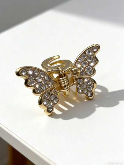 A Y2K Sweet Girl Style Gold Full Rhinestone Double Butterfly Hair Claw For Bangs & Side Hair Styling Full Rhinestone Inlay + Fairy Butterfly Design Suitable For Daily Commute/Campus Outfits/Sweet Girl Looks Sweet & Exquisite Aesthetic Hair Accessory