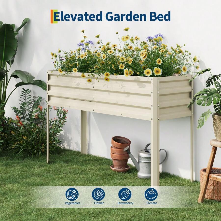 Raised Garden Bed with Legs, 50*17*32 in Large Elevated Planter Box for Outdoor Vegetables, Flowers & Herbs, Sturdy Metal Raised Beds for Backyard, Patio, Balcony, Beige - Beige - Ver 1