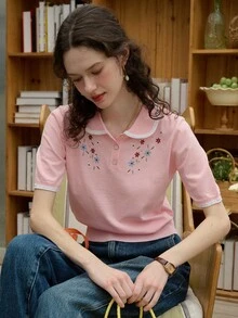 Simple Retro Women's Flower Embroidery Bumper Button Half-Placket Short Sleeve Knit Pink Top Summer Tops Summer Clothes Women Commuter Office Interview French Elegance - Pink - View 7