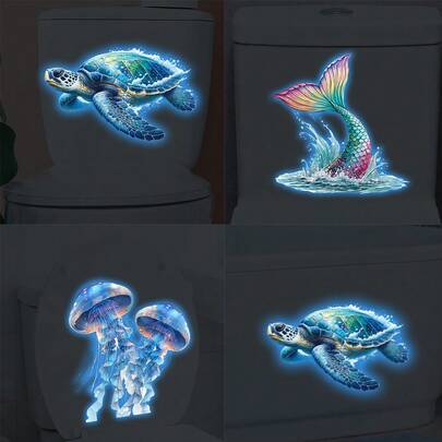 1/3pcsHawksbill Turtle And Jellyfish Glow-In-The-Dark Toilet Stickers, Removable Self-Adhesive PVC Waterproof Ocean Wall Decals, Suitable For Decorating Toilet Seats, Bathtubs, And Bathroom Walls. A Fun Gift!
