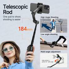 AXNEN M05 三轴手持云台，具备 AI 人脸追踪和可调节补光灯功能 - 可伸缩自拍杆，无线遥控，适用于 Vlog/直播/摄影工作室，兼容智能手机 - 黑色 - 查看 5