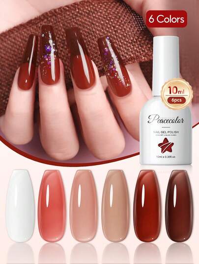  PEACECOLOR 6PCS 10ML Jelly Gel Nail Polish Set, White Red Brown Multicolored Semi-Translucent Nail Gel Polish Set, Nail Art Design Gifts For Women Manicure Salon DIY At Home