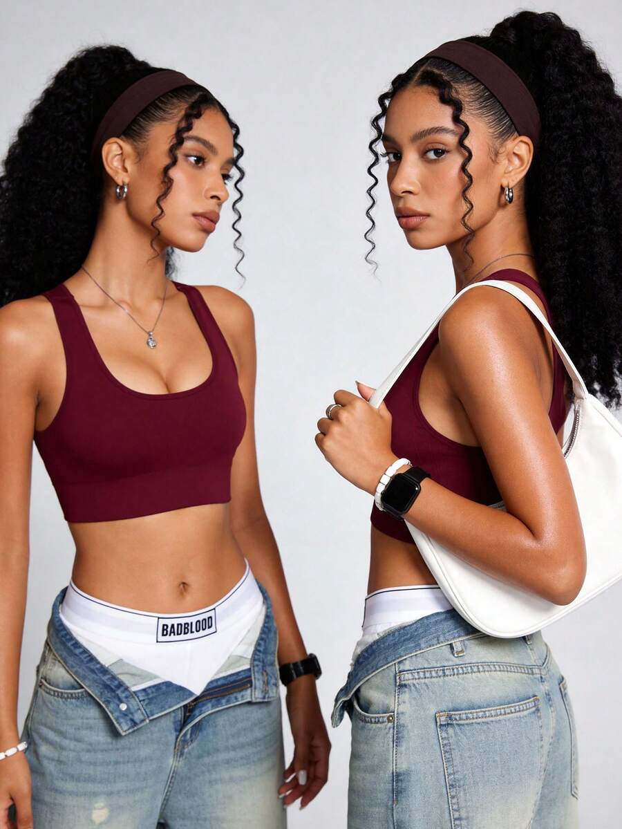 Runway Rest 1pc Seamless Sports Racerback Bra, Hollow Backside Outerwear Elastic Solid Color Women Lingerie - Red - View 1
