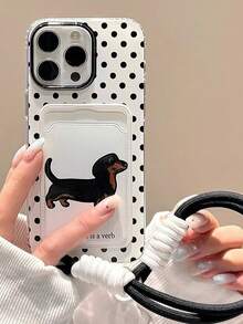 1pc Black & White Polka Dot Dachshund Dog Card Holder Shockproof Full Coverage Phone Case + Black & White Lanyard Compatible With IPhone11/12/13/14/15/16/17/PROMAX - Black and White - View 4