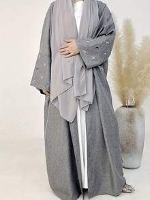 Moon Embroidered Abaya, Middle Eastern Muslim Robe - Light Grey - View 2