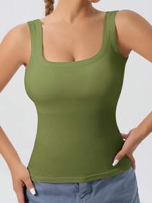 Ladies' Large U-Shaped Beautiful Back Casual Sports Vest, Women's Detachable Chest Pad, Fitted Solid Color, Worn Inside And Outside, Base Layer, Tank Vest - xanh quân đội - Xem 3