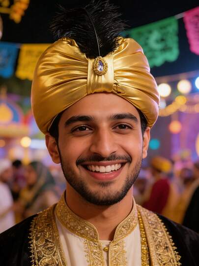 Sombrero de pañuelo dorado brillante para la fiesta de Ramadán, tocado exótico decorado con plumas y rhinestones, disfraz de estilo árabe para actuaciones, decoración divertida