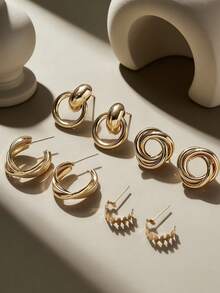 4对简约金属多元素耳钉套装 - 金色 - 查看 5