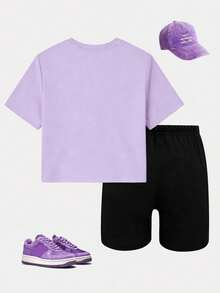 Girls Cartoon Cute 3 Girls Pattern Round Neck Short Sleeve T-Shirt + Colorful Letter Print Leggings Shorts 2pcs Set, Spring/Summer New - Multicolor - View 3