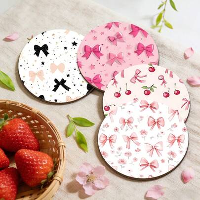 6pcs Cute Bowknot Wooden Coaster Set, Heat Resistant, Non-Slip And High Temperature Resistant Placemats, Suitable For Kitchen, Bar, Cafe, Holiday Celebration Decor, 10cm/3.9 Inch