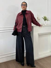 DAZY Loose Fit Boyfriend Style Stand Collar Zip-Up Long Sleeve Moto Jacket,Fall Clothes Women Coats - Burgundy - View 4