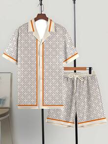 Men's Fashion Casual Hawaiian-Style Shirt + Shorts Pajama Set, Tropical Geometric Pattern Printed Men's 2-Piece Sportswear, Loose Fit, Machine Washable And Wearable - Multicolor - View 3