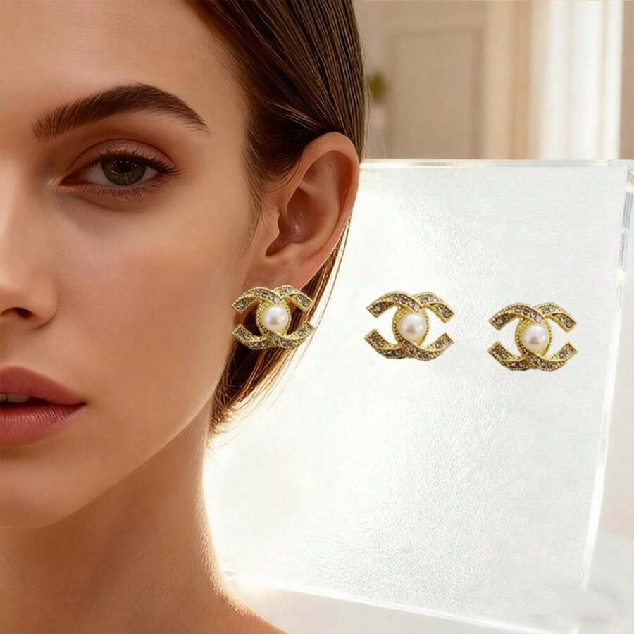 2 bông tai đính ngọc trai sang trọng thời trang, bông tai hình chữ C đa năng, phù hợp cho trang phục hàng ngày, đi chơi và sự kiện của phụ nữ