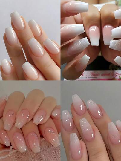 96 Pieces 4 Sets Of Coffin Nails Gradient Acrylic Manicure Set With Simple Glitter Design, Including 4 Pieces Of Jelly Glue And 4 Nail Files, Suitable For Hen Parties, Dance Parties, Daily Casual Wear. Detachable And Reusable Nail Decorations Nail Supplies