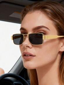 1 Pair Fashionable Gunmetal Square Fashion Glasses, Versatile Retro Unisex Fashion Glasses Suitable For Driving, Street Photography, Vacation, Runway, And Daily Wear - Golden Gray - View 2