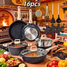 Trench Juego de utensilios de cocina antiadherentes de aluminio fundido de 16 piezas,Incluye sartén, olla, sartenes para desayuno/crepes y utensilios de silicona,apto para cocinas de gas e inducción, aptas para acampar al aire libre, picnic, viajes, un juego de ollas y sartenes antiadherentes, wok, apilables, herramientas de cocina - Negro - Ver 2
