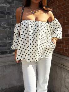 Polka Dot Pattern Off-Shoulder Loose Blouse, Suitable For Spring And Summer - White - View 4