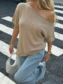 女士优雅不对称肩部短袖针织毛衣上衣，休闲日常海滩度假之选 - 卡其色 - 查看 4