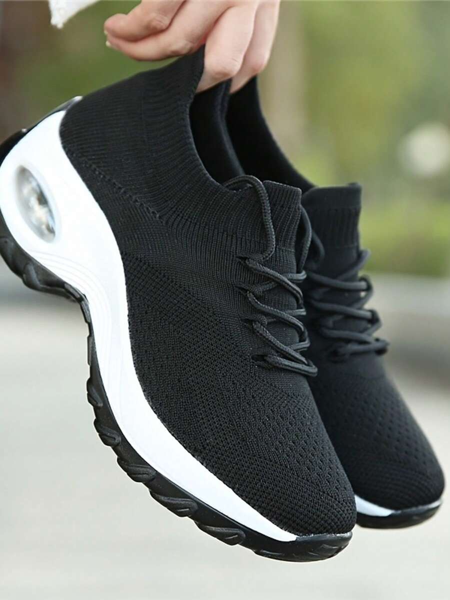Women's Black Casual Sports Shoes, Mesh Slip-On Fitness Running Sneakers, Comfortable Soft Non-Slip Walking Shoes - 升級黑白 - 查看 1