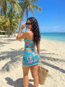 2 Piece Sexy Womens Summer Mesh Mini Skirt Sets Crop Top And Skirt  Adjustable Straps Vacation Beach Skirt Set Beach Outfits For Woman Valentine's Day Dress - 藍色 - 查看 2