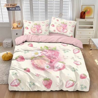 3pcs Cute Strawberry Pattern Bedding Set (1 Duvet Cover + 1/2 Pillowcase, Comforter Not Included), Soft & Comfortable, Suitable For Bedroom, Guest Room And Dormitory, All Season