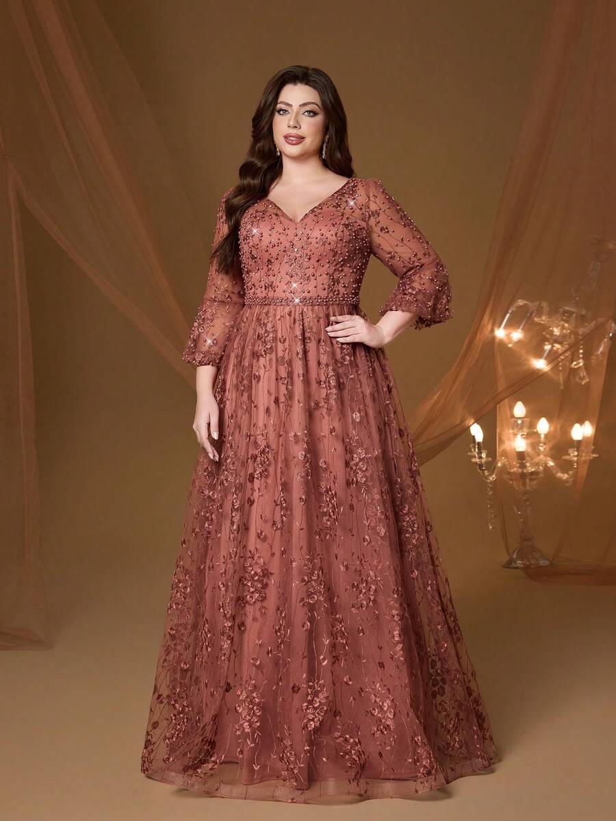 V-Neck, Embroidered, Lace, Bubble Pearl, 3/4 Sleeve, High-End Evening Gown - Redwood - View 1