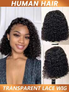 水波纹透明蕾丝前假发 13X4 蕾丝波波头假发 侧分假发 巴西真人发假发 预拔毛卷发真人发假发 180% 密度 - Natural Black - 查看 2