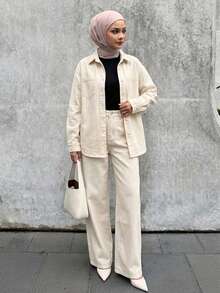 DAZY Set di camicia bianca casual e jeans a gamba ampia in stile resort primaverile/estivo, stile "old money" per signore - Bianco - Visualizzare 6
