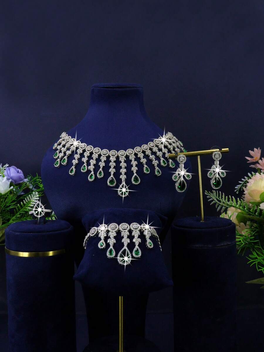 5pcs Luxury Royal Style Geometric Green Crystal Tassel Bridal Wedding Jewelry Set, Handset White Cubic Zirconia, Including Necklace, Bracelet, Earrings, Ring, Suitable For Daily Wedding Wear, Wedding Anniversary Gift (Comes In Golden Gift Box) - White - View 1