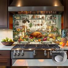 1-Piece 2D Flat Design Depicts A Sumptuous Kitchen Feast, Including Roast Chicken, Fruits And Vegetables, And Tableware. The Realistic Style Showcases A Lively And Satisfying Dining Atmosphere. Made Of PVC, This Kitchen Wall Sticker Is Easy To Apply, And Features A 2D Flat Effect - Style 1 - View 6