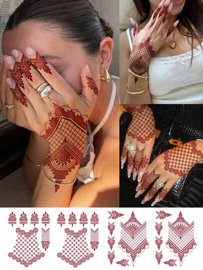 4 hojas de tatuajes temporales de estilo henna en rojo y marrón, aptos para mujeres. Tatuajes falsos impermeables que duran de 2 a 5 días y pueden cubrir cicatrices. Se pueden usar en dedos, brazos, cuello, pecho, cintura, piernas, pies y tobillos. Adecuados para bodas, vacaciones, fiestas, regalos y celebraciones de vacaciones como el Ramadán y el Eid Al-Fitr.