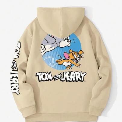 Felpa con cappuccio casual e versatile da uomo con stampa di elementi di Tom & Jerry, adatta per autunno/inverno