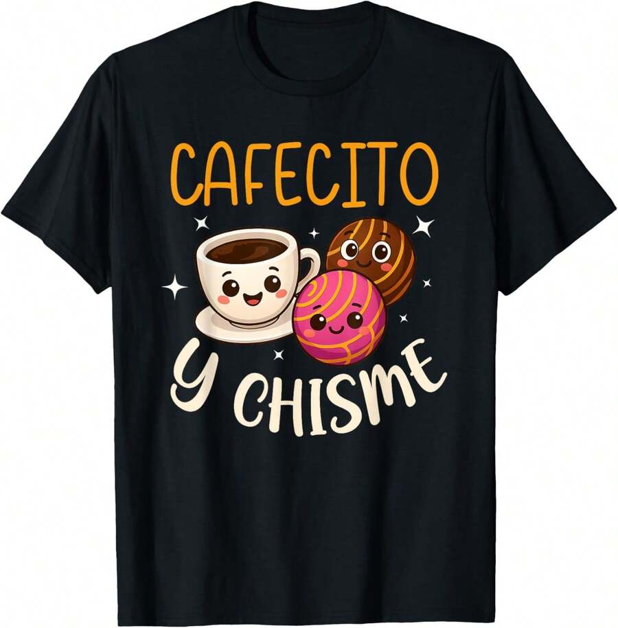 1Pc Cafecito Y Chisme Concha Comida Mexicana Camiseta de Comida Mexicana para Mujeres, Camiseta para Hombres, Estilo Unisex, Camiseta Deportiva, Camiseta de Fiesta, Camiseta de Regalo, Talla S-4XL, 100% algodón, Negra