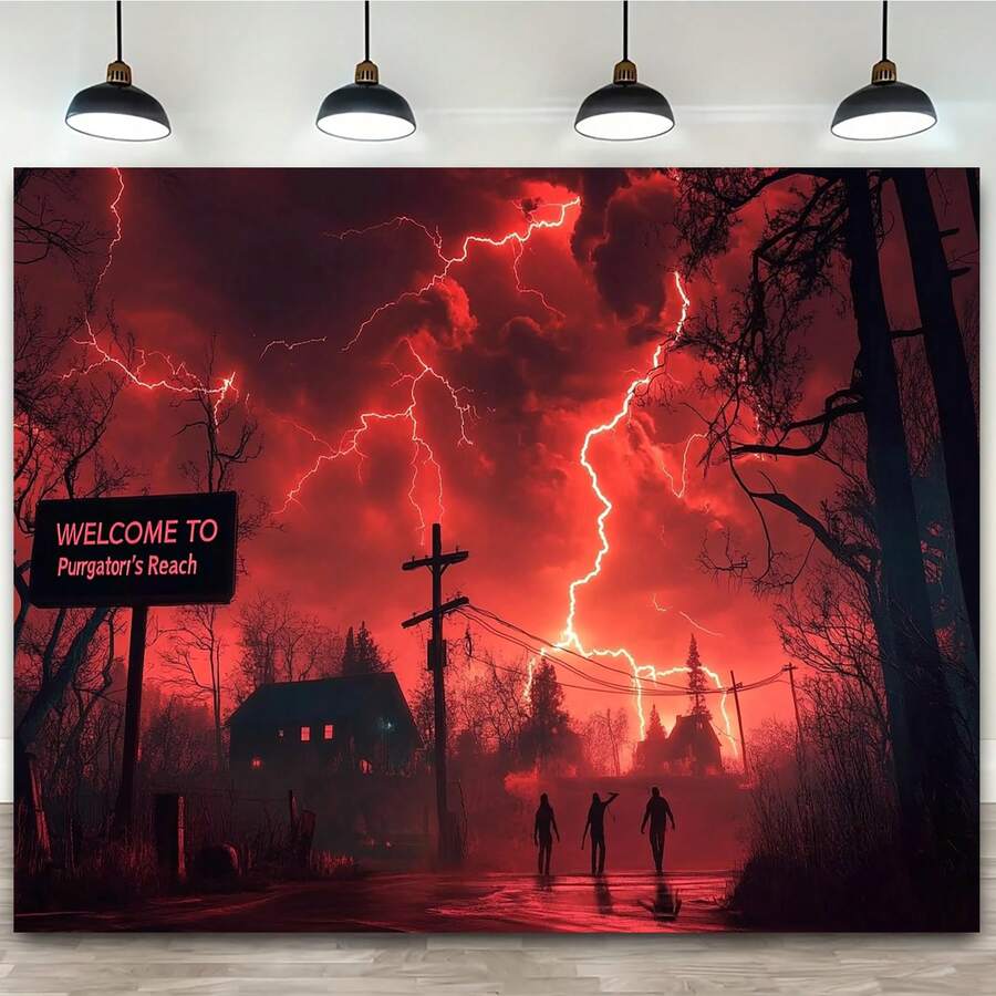 1pc Horror Thunderstorm Lightning Red Forest Party Decorations - Vampire/Purgatory-Themed Poster With Lightning Effects - Heavy-Duty For Horror Game Nights, Haunted House, Birthday Party - Bold Lightning Bolt Design - /Purgatory TV Show Inspired - Indoor/ Use - Easy-To-Hang Horror Party Banner - Perfect For Horror Fans & Stranger-Themed Events - 如圖所示 - 查看 1