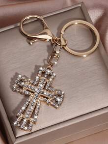 1pc Hiphop Streetwear Crystal Rhinestone Hollow Cross Car Key Chain, Metal Cute Bag Charm Keyring, Unisex Creative Cross-Border Gift, All Season - Gold - View 2