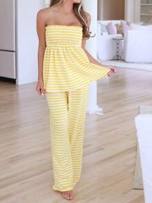 Women's Casual And Comfortable Suit For Spring And Summer, Featuring A Striped, Off-The-Shoulder Bandeau Top And Matching Trousers; A Stylish And Casual Outfit. - 黃色 - 查看 4