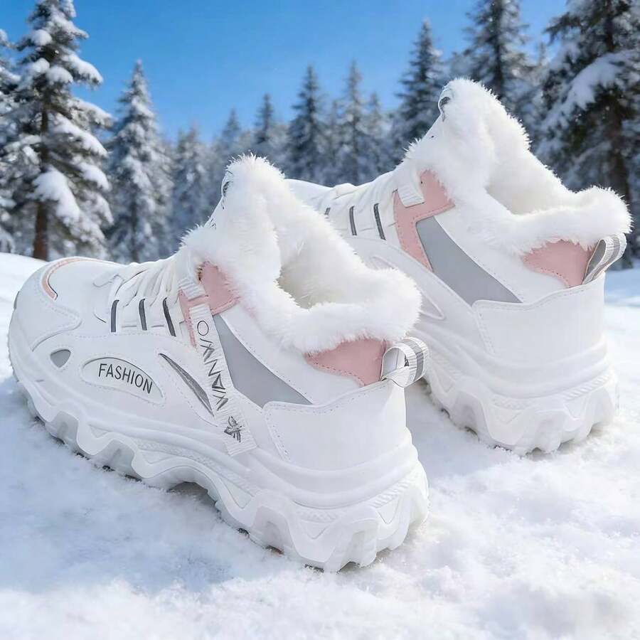 Women's Winter Sneakers - Non-Slip High-Top Thick Sole, Plush Lining, Lightweight Rubber Sole, White And Black And Blue And White Color Matching, Fashionable And Warm Winter Shoes - 升級加厚灰 - 查看 1