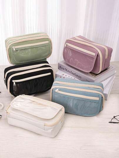 1 Pc Simple Three-Layer Large Capacity Pencil Case, Handheld Multi-Layer Student Storage Box For Erasers, Pencils, Rulers, And Stationery, Desktop Standing Convenient Student Accessory Pencil Case, Multifunctional Dormitory Makeup Storage Bag, Back To School, School Supplies, Pencil Bag