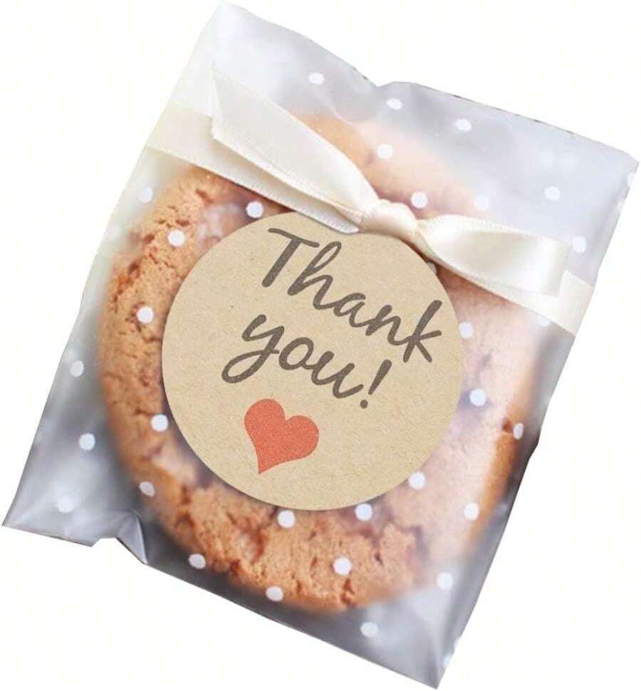FLYTT Self Adhesive Cookie Bags, White Polka Dot Individual Resealable Cellophane Treat Bags With Thank You Stickers For Gift Giving (3.9''X3.9'', 100 Pcs) - ColorA - 查看 1