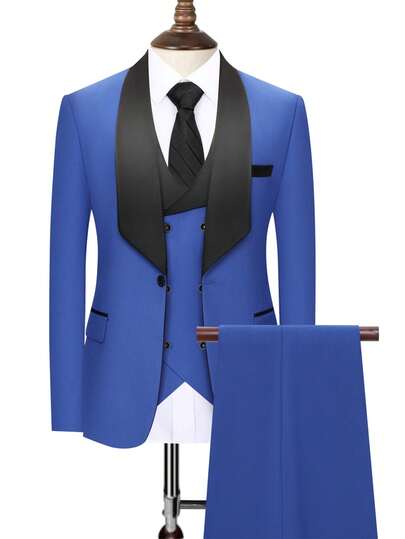 Royal Blue Gentleman's Suit, Slim Fit Single-Breasted 3 Pieces Set (Jacket, Vest, Pants) For Party, Wedding, Business, Banquet, Vintage Style, Size XS-XXXL