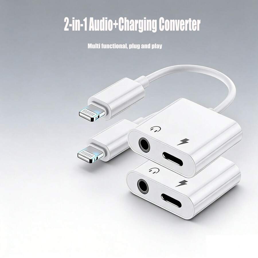 Adaptador de carga rápida de rayo a conector de auriculares de 3.5 mm, 1-2 piezas, adaptador de conector de auriculares de 3.5 mm, cable divisor de carga y audio compatible con iPhone 14/Pro Max/13/Plus/12/11/XS/8/XS 7/6, regalo de primavera - Blanco - Ver 1