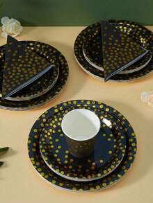 25件套黑金派对用品套装，包含餐盘、杯子、餐巾纸，适用于生日、婚礼、各种活动 - 彩色 - 查看 3