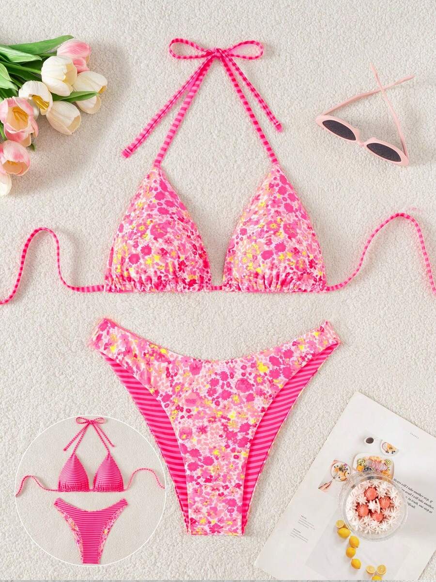 Swim Mod 2pcs/Set Women Cute Random Floral Print Reversible Halter Top And Adorable Bottoms Bikini Swimsuit Set, Holiday & Beach For Summer Beach Vacation - 粉色 - 查看 1