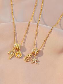 1pc Copper Inlaid Zirconia Exquisite Shell Starfish Infinity Symbol Pendant Necklace, Women Casual Jewelry Gift - Yellow Gold - View 3