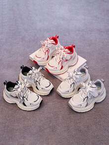 1 par de zapatos deportivos casuales y de exterior para niños, con suela blanda, antideslizante, con cierre de gancho y bucle, transpirables, adecuados para primavera y otoño - Rojo - Ver 1