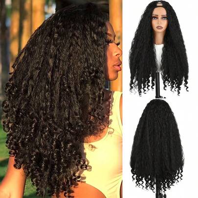 26 Inch Black Multi-Color Afro Curly V-Shaped Wig, Fluffy Wavy Hairstyle, Suitable For Women, Made Of Heat-Resistant Fiber, Glue-Free Design, Easy To Wear, Unique Elastic Curly Ends, Synthetic Hair, No Need For Real Hair, Clip-On Style, Suitable For Daily Wear, Parties, Cosplay, Christmas And New Year Gifts.