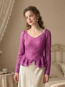 Women Lace Long Sleeve Shirts Floral V Neck Layered Ruffled Going Out Tops  Fall Streetwear - 紫色 - 查看 3