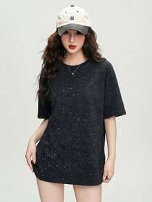 JUTU Spring/Summer Black Round Neck Loose Shiny Polka Dot Short Sleeve T-Shirt, Charming & Soft Commuting Top For Women Casual - 2A38 Black - View 2
